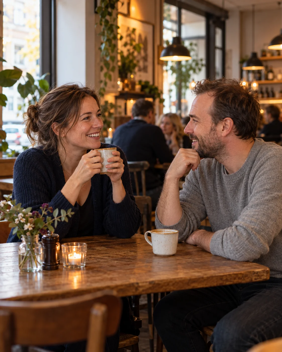 To mennesker smiler til hinanden over kaffe på en afslappet date